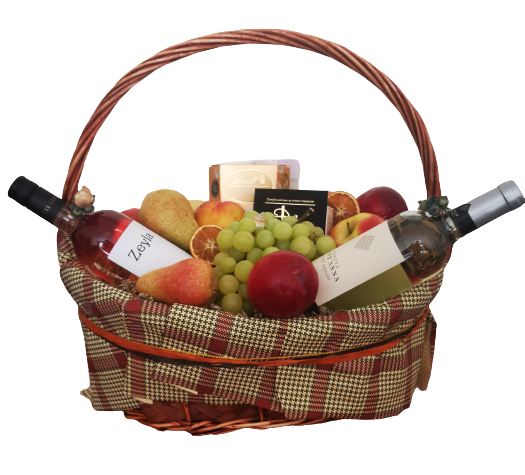 Подаръчна кошница с плодове и вино и шоколад. За всеки повод.